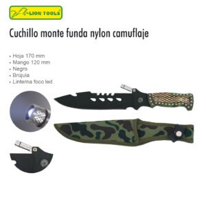 CUCHILLO 7 NEGRO BRUJULA LUZ FUNDA LION TOOLS