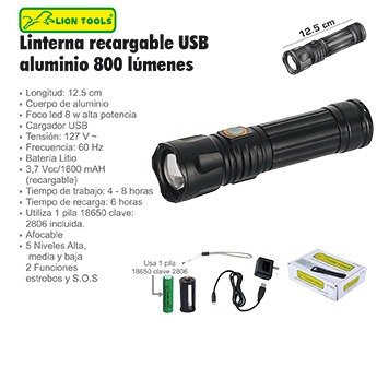 LINTERNA RECARGABLE ALUMINIO LED 8 W USB ZOOM LION TOOLS