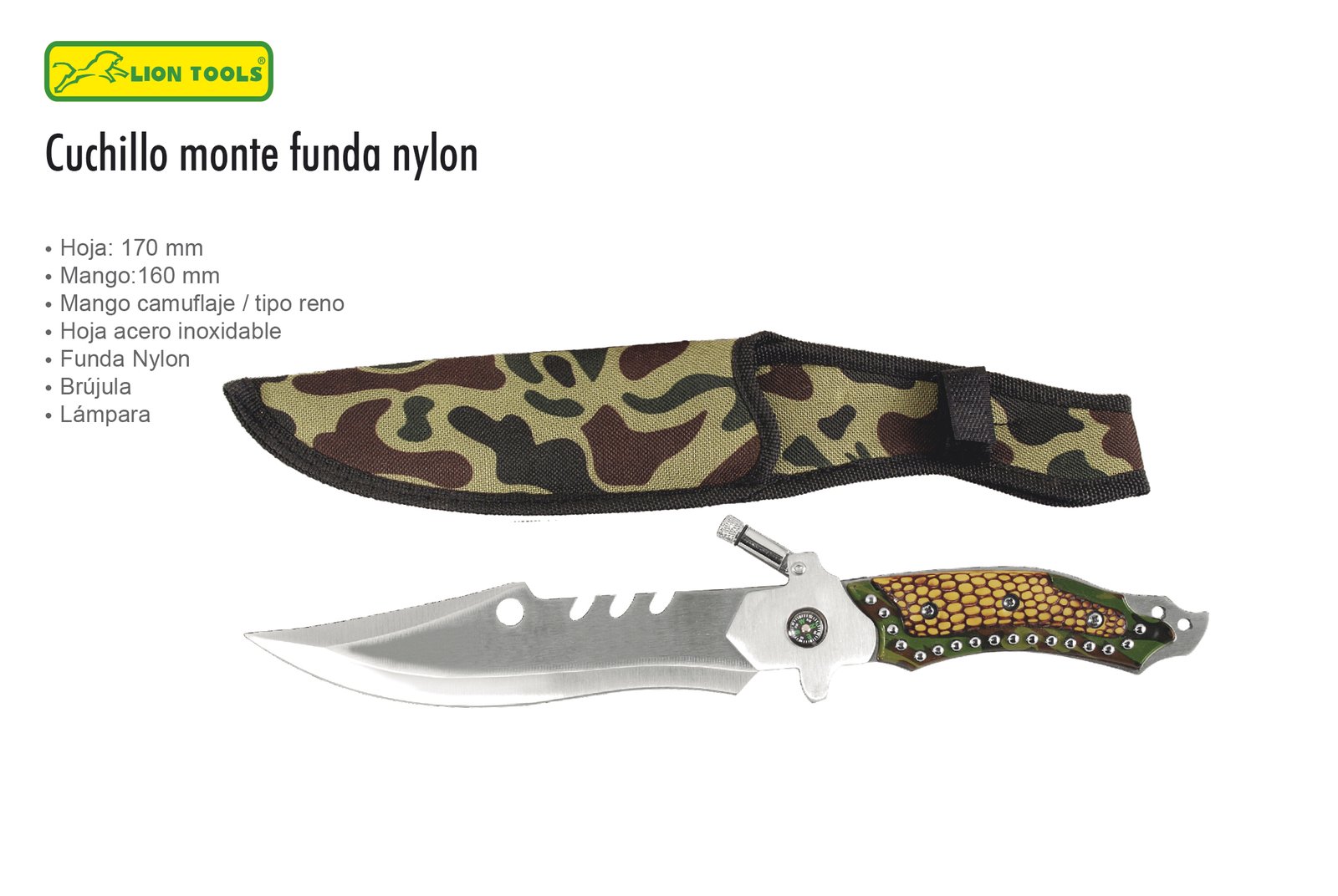 CUCHILLO 6 1/2 LUZ BRUJULA CAMUFLAJE LION TOOLS - Lion Tools