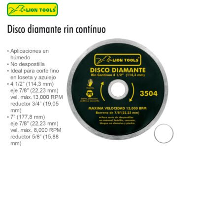 DISCO DIAMANTE 4 1/2 RIN CONTINUO LION TOOLS