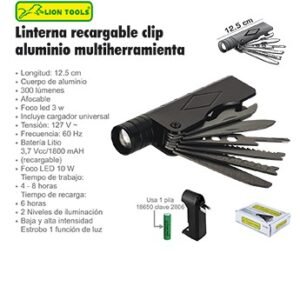 LINTERNA RECARGABLE ALUMINIO LED 3 W MULTIHERRAMIENTA LION TOOLS