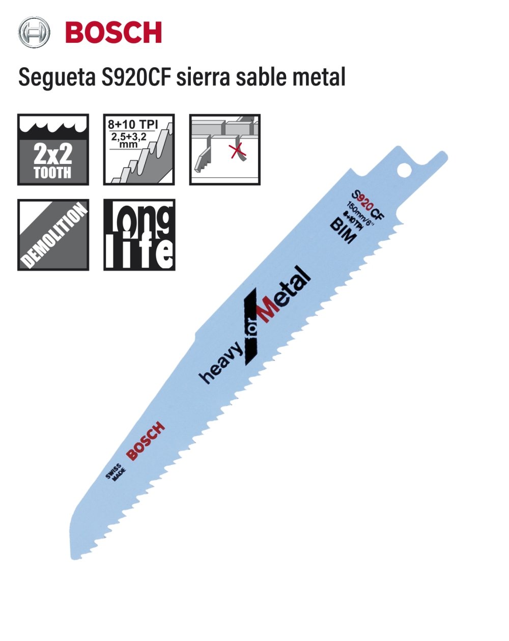 Segueta para sierra sable S920CF corte de metal Bosch 1 Segueta para sierra sable S920CF corte de metal Bosch