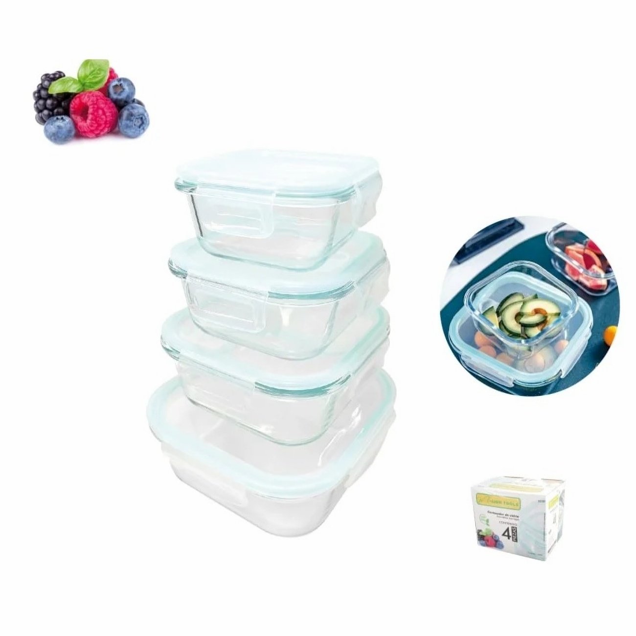 Juego de recipientes de vidrio herméticos con tapas 1 Juego de recipientes de vidrio herméticos con tapas